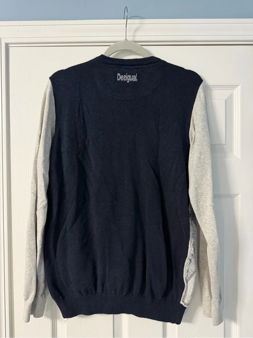 Desigual Men's Patchwork V-Neck Sweater in Gray, Navy and Blue